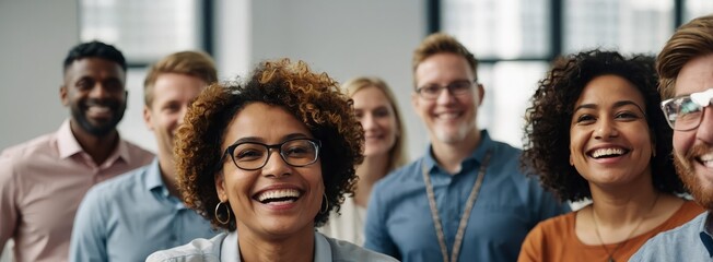 Diverse and inclusive group of office colleagues smiling at a team building workshop event, workplace race inclusion and diversity concept