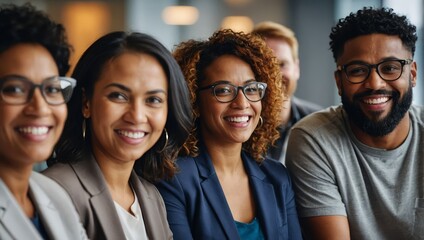 Fototapeta premium Diverse and inclusive group of office colleagues smiling at a team building workshop event, workplace race inclusion and diversity concept