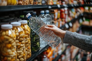 Person stocking up on non-perishable food and water in preparation for a natural disaster, filling their emergency pantry, Generative AI