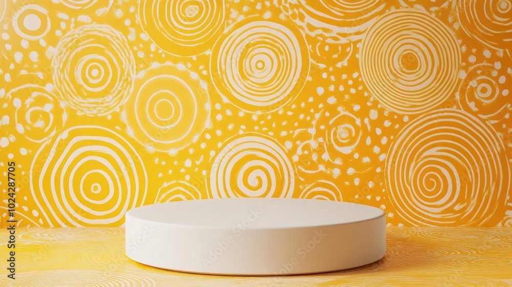 Poster 3D visualization of a white circular podium set against a vibrant yellow backdrop featuring circular patterns