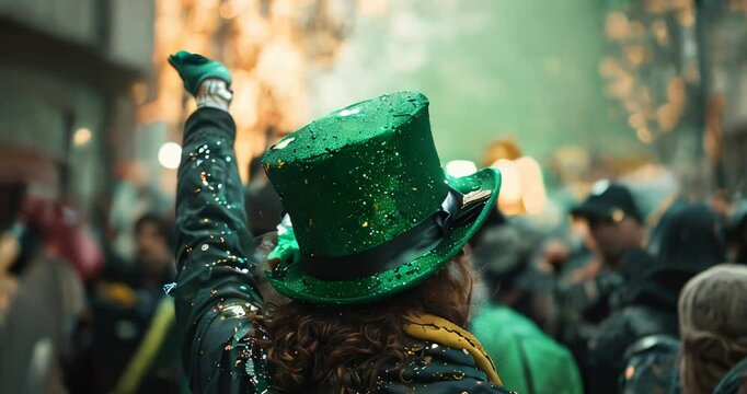 Man in green Leprechaun hat celebrating St. Patrick's Day outdoors with shamrock and clover leaves. Happy Saint Patrick's Day