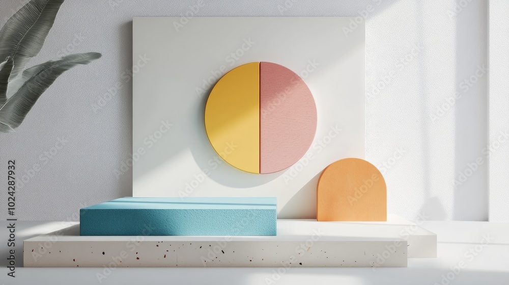 Poster 3D rendering of an abstract composition featuring geometric shapes on a white background designed for product presentation or mockup Minimalistic design with ample empty space and a colorful platf