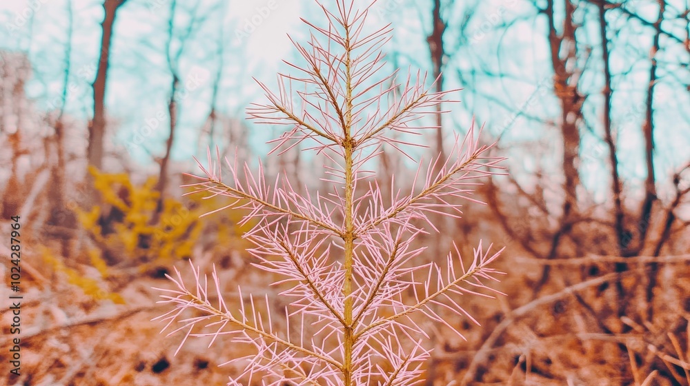 Aufkleber Close up image of a light needle tree branch centered in the frame Soft focus and blur create a bokeh effect in the background featuring brown and green tones