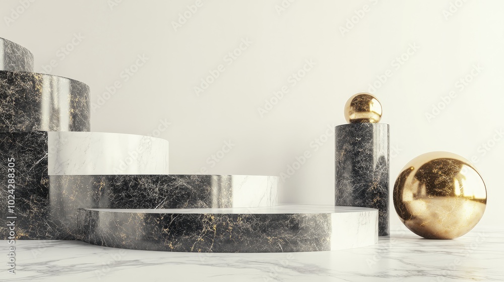 Poster black and white marble pedestal steps against a white backdrop featuring gold spheres and three cyli
