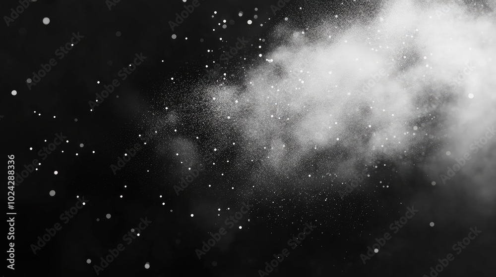 Aufkleber 3D visualization of dynamic white dust particles creating a bokeh effect against a dark backdrop