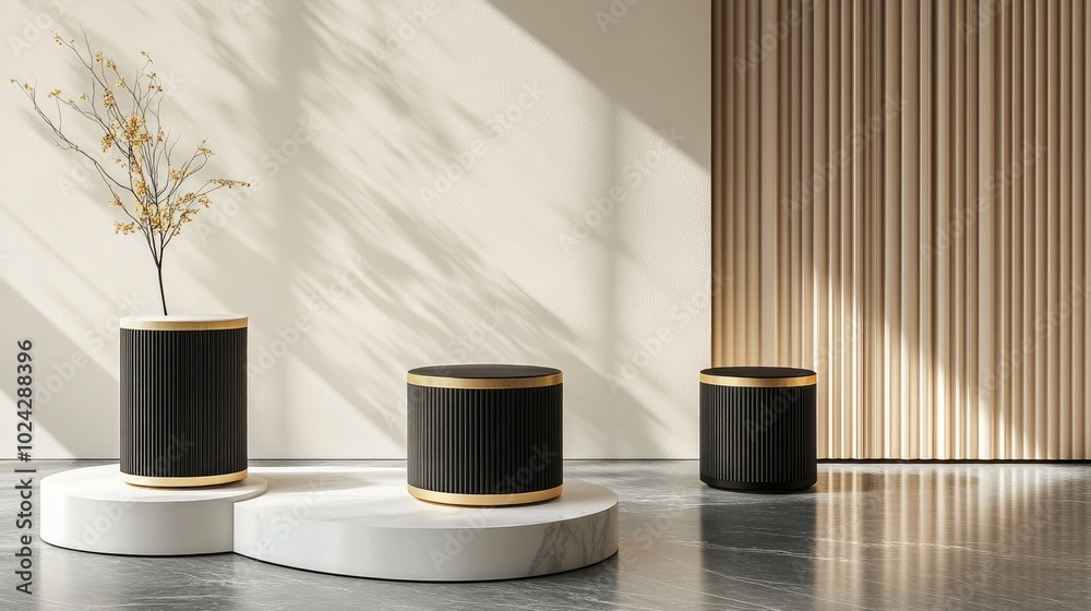 Aufkleber Black white and gold cylindrical product display featuring a luxury concept with an abstract geometric background circular frame pedestal podium and stand in 3D rendering