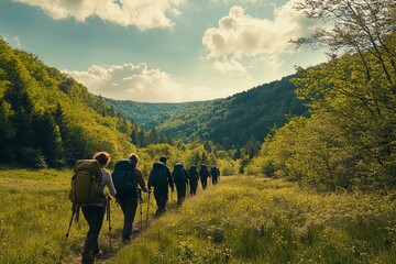 Obraz premium A group of tourists carrying backpacks travel to explore information about the great forest.