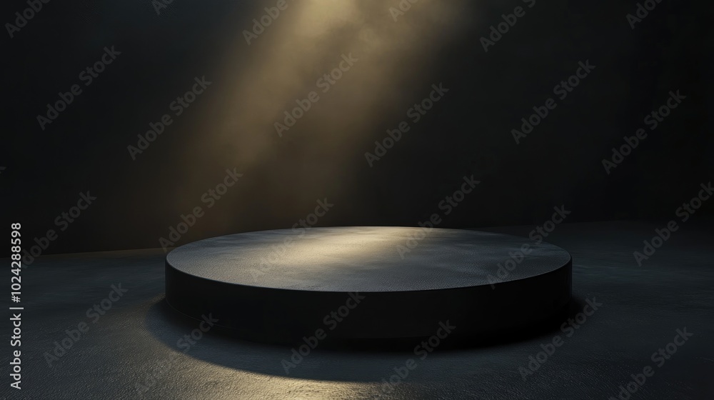 Poster 3D render of a minimalist round matte black table top set against a dark backdrop with a spotlight ideal for showcasing men s products Space for templates presentations and exhibitions