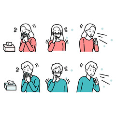 set of illustrations of man and woman who are sick.