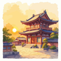 Fototapeta premium Ancient Asian Temple Sunset Courtyard