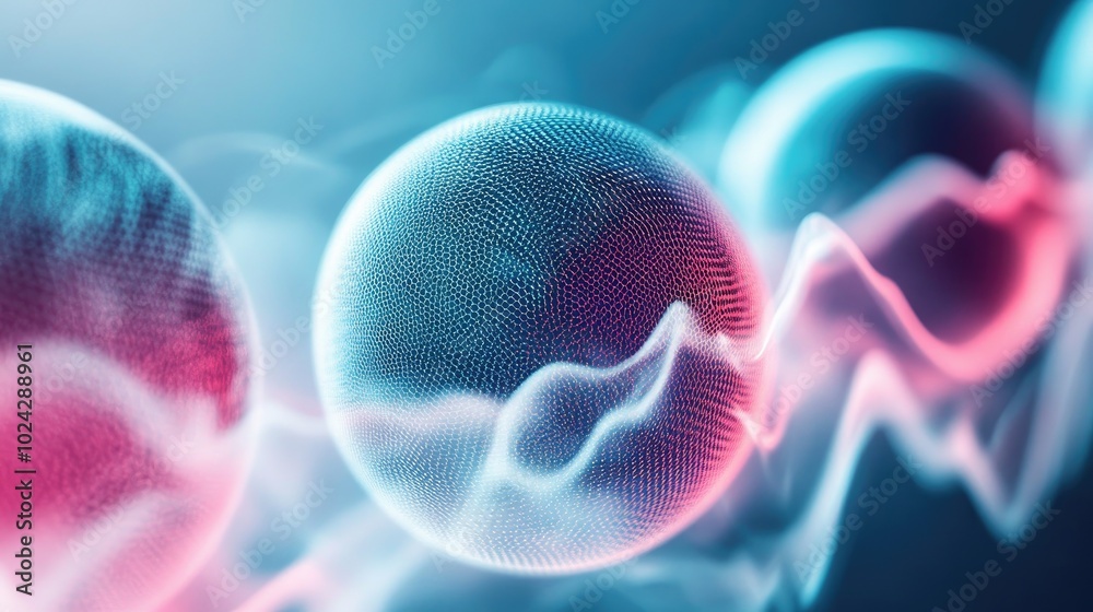 Poster abstract technological spheres featuring voice assistant wave representing an innovative sound conce