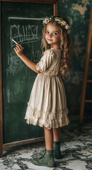 Obraz premium beautiful 12-year-old girl writing with white chalk on a green school blackboard, girl smiling, marble floor, beige dress, green shoes, with flowers in her hair.