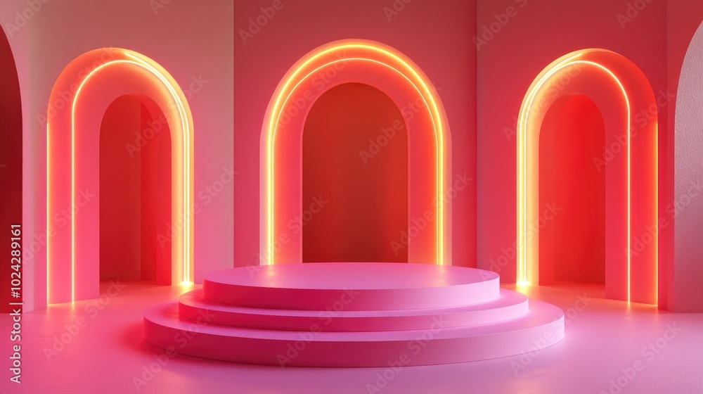 Poster 3d mockup podium set in a vibrant pink empty space featuring arches and neon pink illumination conte