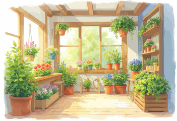 Fototapeta premium Bright Conservatory with Potted Plants and Flowers