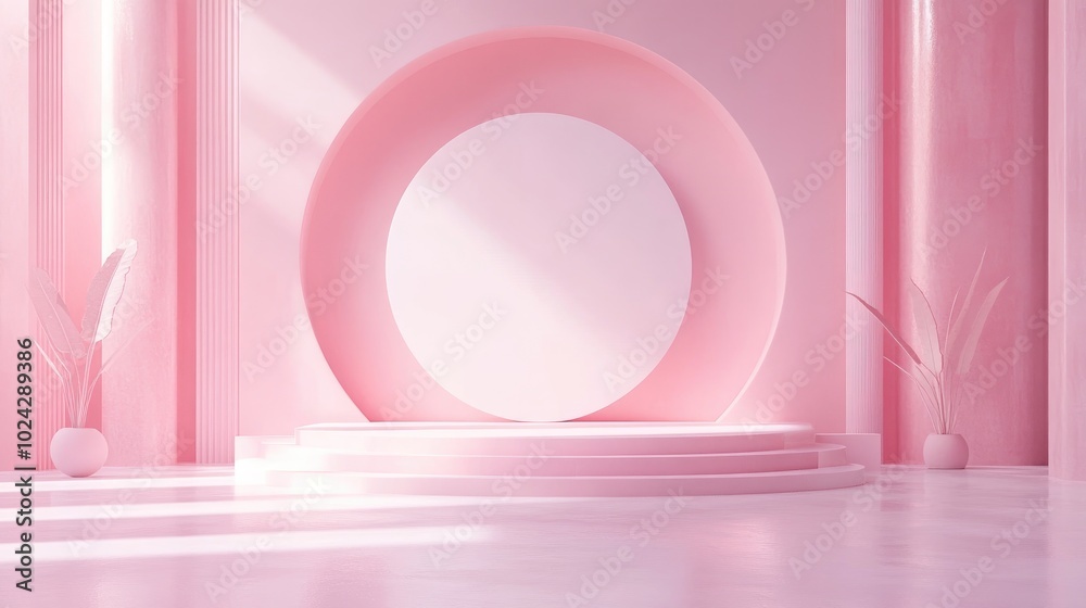 Aufkleber 3D rendering of a contemporary mockup featuring an abstract geometric background a blank template for minimalistic showcases simple shapes and an Art Deco inspired display with pastel colors