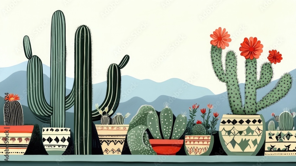 Poster Cacti In Pots Displayed On A Shelf