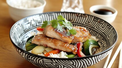 Caramelized Pork with Rice and Vegetables in Asian Style