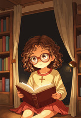 Curly-haired girl reading book in library nook
