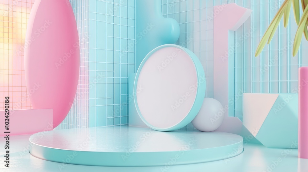 Aufkleber 3D rendering of a contemporary mock up featuring an abstract geometric background a blank template and a minimalistic empty showcase with primitive shapes in pastel colors