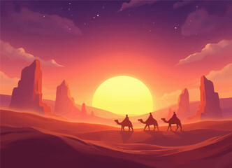 Dusk Caravan: Three Riders on Camels in Desert Sunset