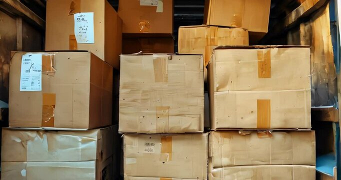Open lorry car trunk full of moving cardboard boxes and furniture outdoors at city street. Van with packages. Delivery service, relocation, moving day and cargo transportation concept.
