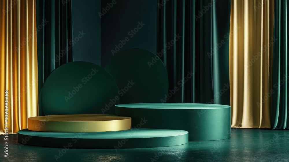 Aufkleber 3D rendering of abstract platforms featuring golden and dark green shapes with curtains Geometric forms in contemporary minimal design Realistic mockup suitable for promotional use banner backgrou
