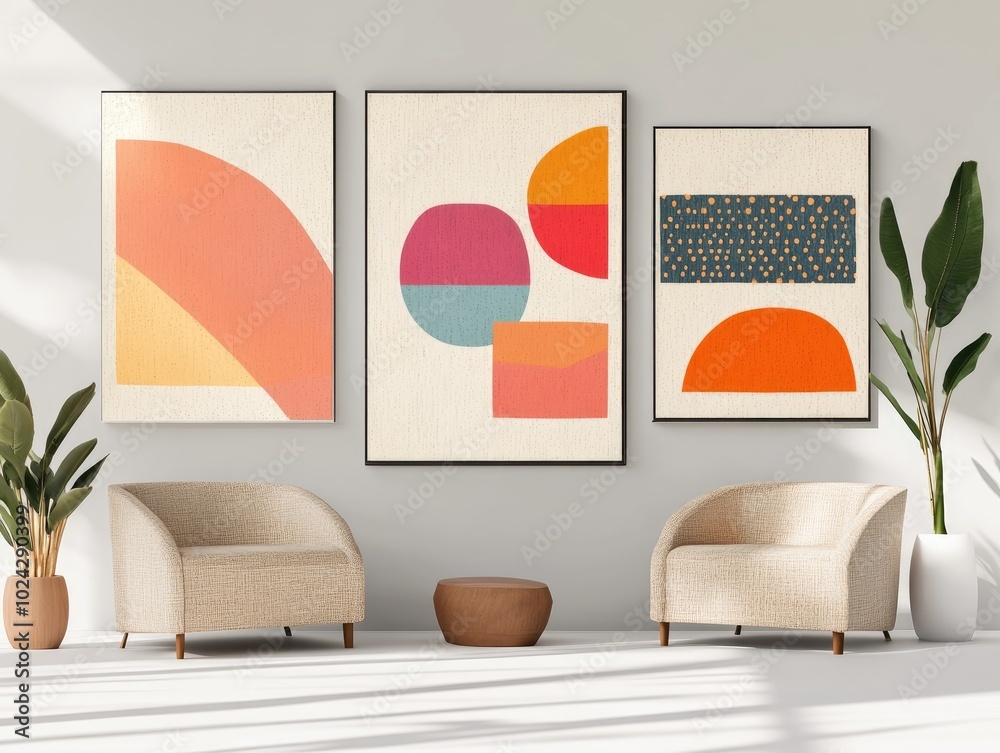 Poster collection of three abstract minimalist backgrounds featuring hand painted illustrations and geometr