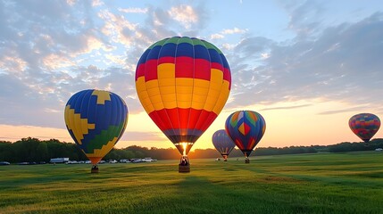 Obraz premium Vibrant and Serene Aerial Landscape Showcasing a Breathtaking Display of Colorful Hot Air Balloons Drifting Peacefully Through the Morning Sky at Sunrise