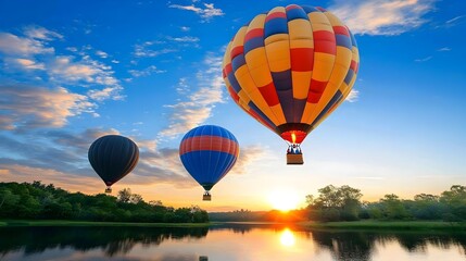Fototapeta premium Colorful Hot Air Balloons Gently Drifting Above Tranquil Sunrise Landscape with Majestic Skies and Serene Horizon