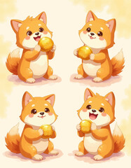 Obraz premium Four Cute Shiba Inu Puppies Holding Gold Coins