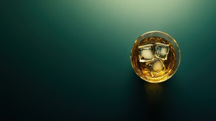 Golden whiskey in glass with ice on dark background