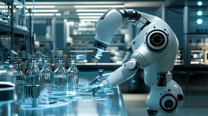 A robotic arm in a futuristic laboratory setting, filling vials with liquid.
