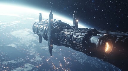 Obraz premium A futuristic spacecraft orbits a planet with a glowing engine.