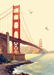 Obraz premium Golden Gate Bridge Sunset with Birds