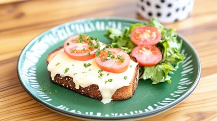 Black bread sandwich with melted cheese salad and tomatoes on a green plate
