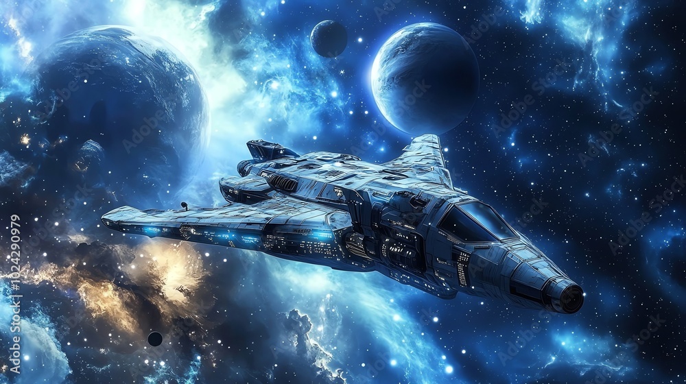 Canvas Prints a futuristic spaceship flies through a vast and colorful nebula in space.