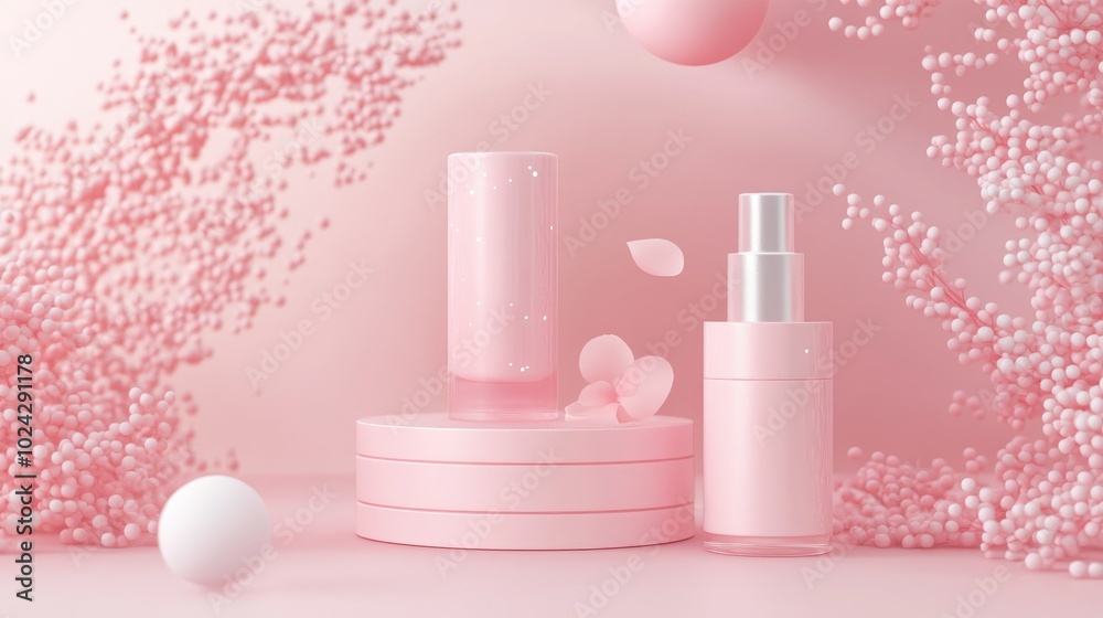 Poster 3d illustration featuring a pink cylindrical podium for showcasing cosmetic products mockup design w