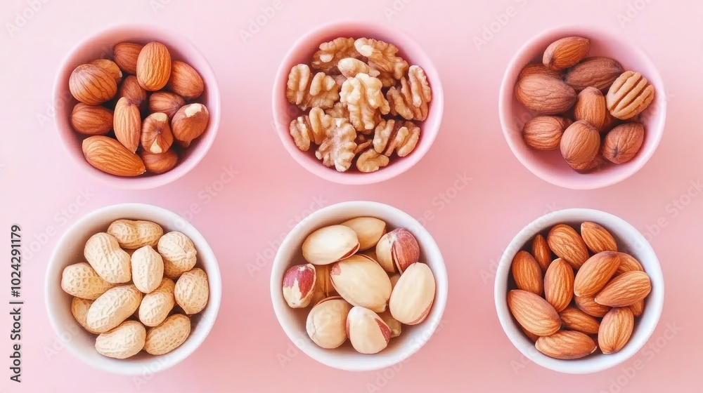Poster assorted nuts viewed from above on wooden surface