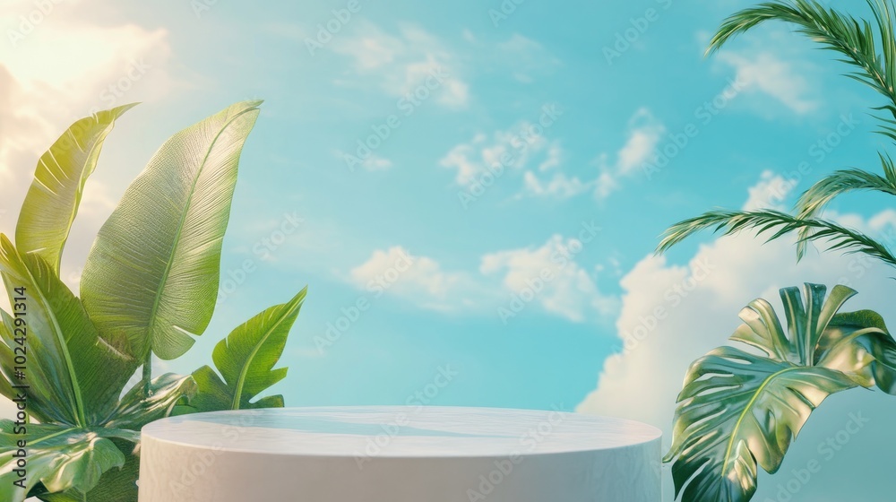 Poster 3D rendering of an abstract podium display featuring tropical leaves against a backdrop of blue skies and clouds ideal for product promotions and advertising with a soft pastel aesthetic