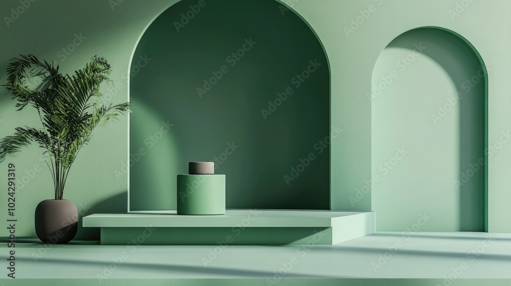 Poster Abstract green backdrop featuring a geometric podium for product display Minimalist design 3D rendering