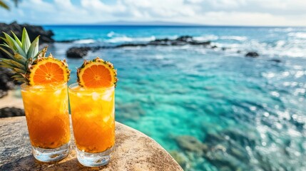 Two Tropical Cocktails by the Ocean