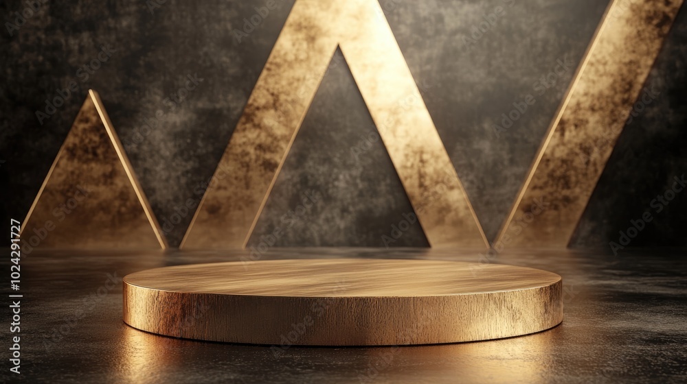 Poster abstract elegant wooden gold podium on gold triangle background empty round wood product stand on bl