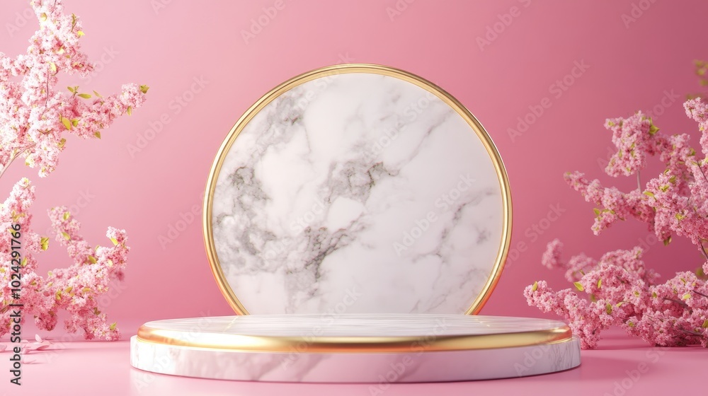 Poster 3d rendering of a marble and gold podium against a pink backdrop