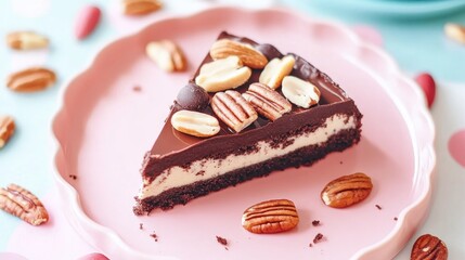 Brownie cake topped with nuts served on a plate close up shot
