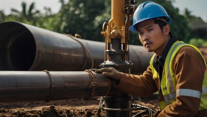 Naklejka premium An engineer wearing a blue safety helmet reapairing an underground pipe.