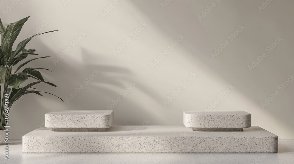 Aufkleber 3D rendering of four minimalistic empty podiums or pedestals featuring a blank display shelf for showcasing products