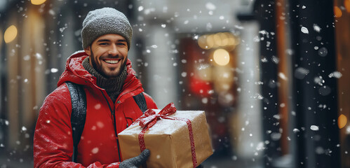 Smiling Postal Worker Delivering Holiday Packages