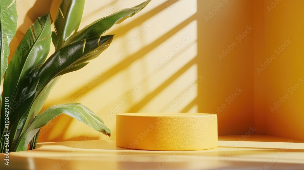 Poster 3D rendering of geometric shapes in a minimalistic scene featuring a yellow podium against an orange backdrop for showcasing products or fragrances