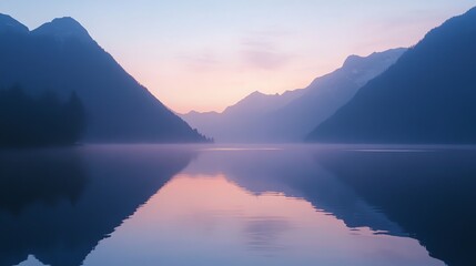 A misty morning in a mountainous lake.