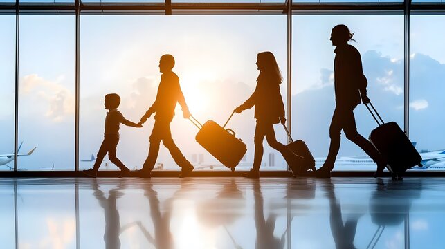 A family of four is walking through an airport terminal, carrying luggage, silhouetted against a bright sunset.